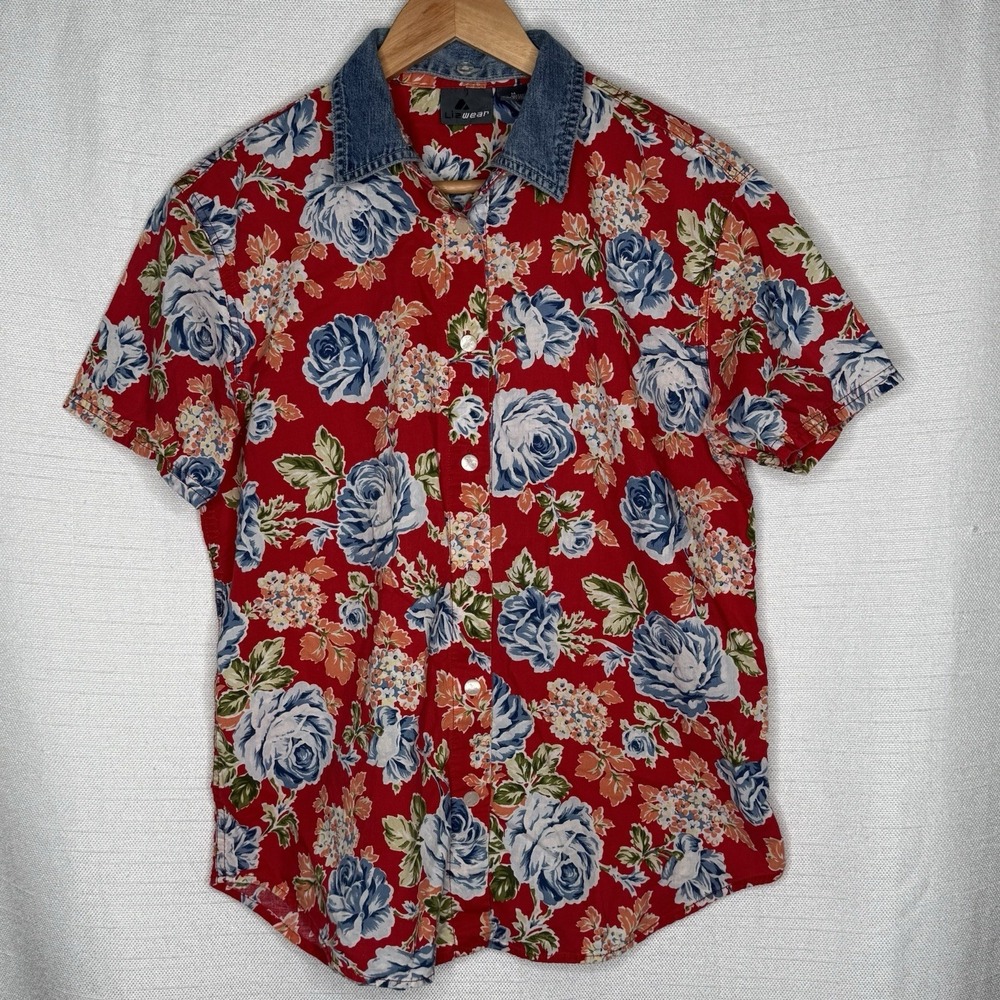 VTG Liz Claiborne Lizwear MED Hawaiian Floral Button Down Shirt‎ 90s Retro Denim